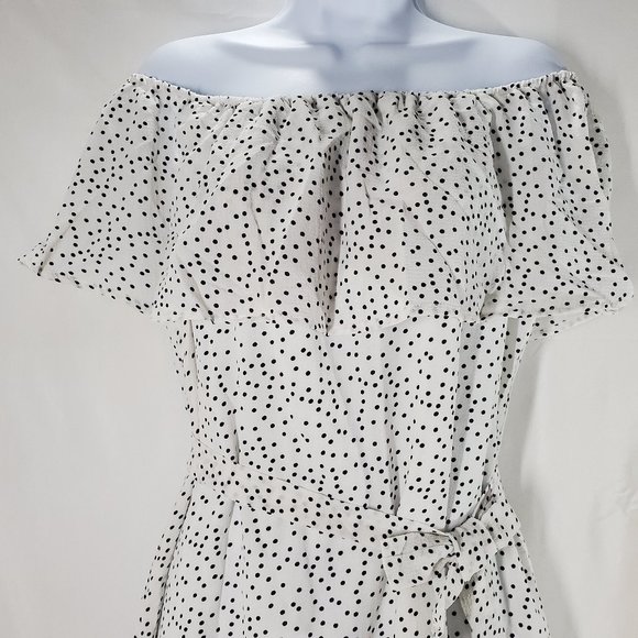 Off Shoulder Belted Polka Dot Dress - Picture 2 of 5